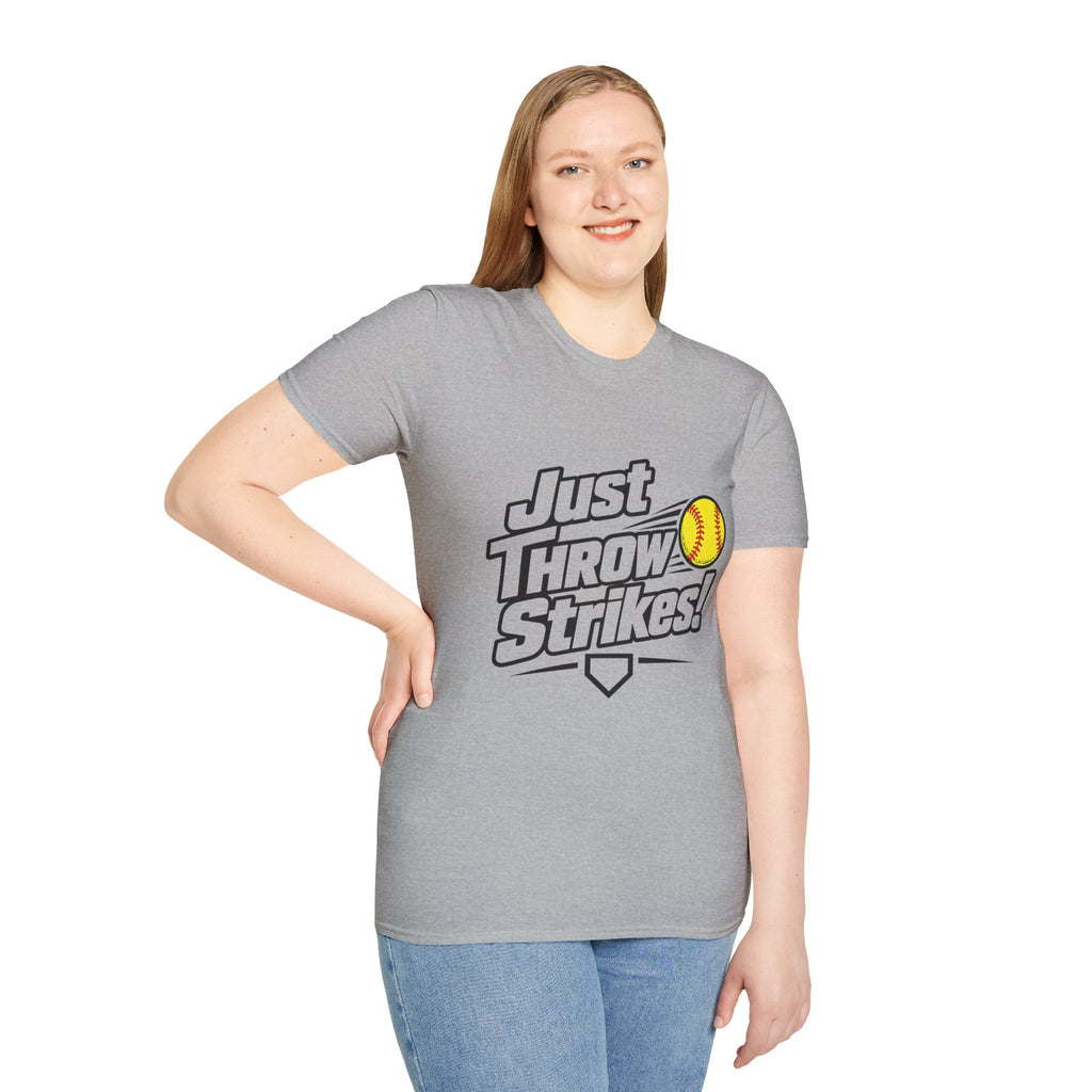 Just Throw Strikes! Softball T-Shirt — Funny Pitching Shirt for Players & Coaches