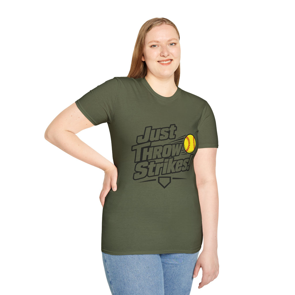 Just Throw Strikes! Softball T-Shirt — Funny Pitching Shirt for Players & Coaches