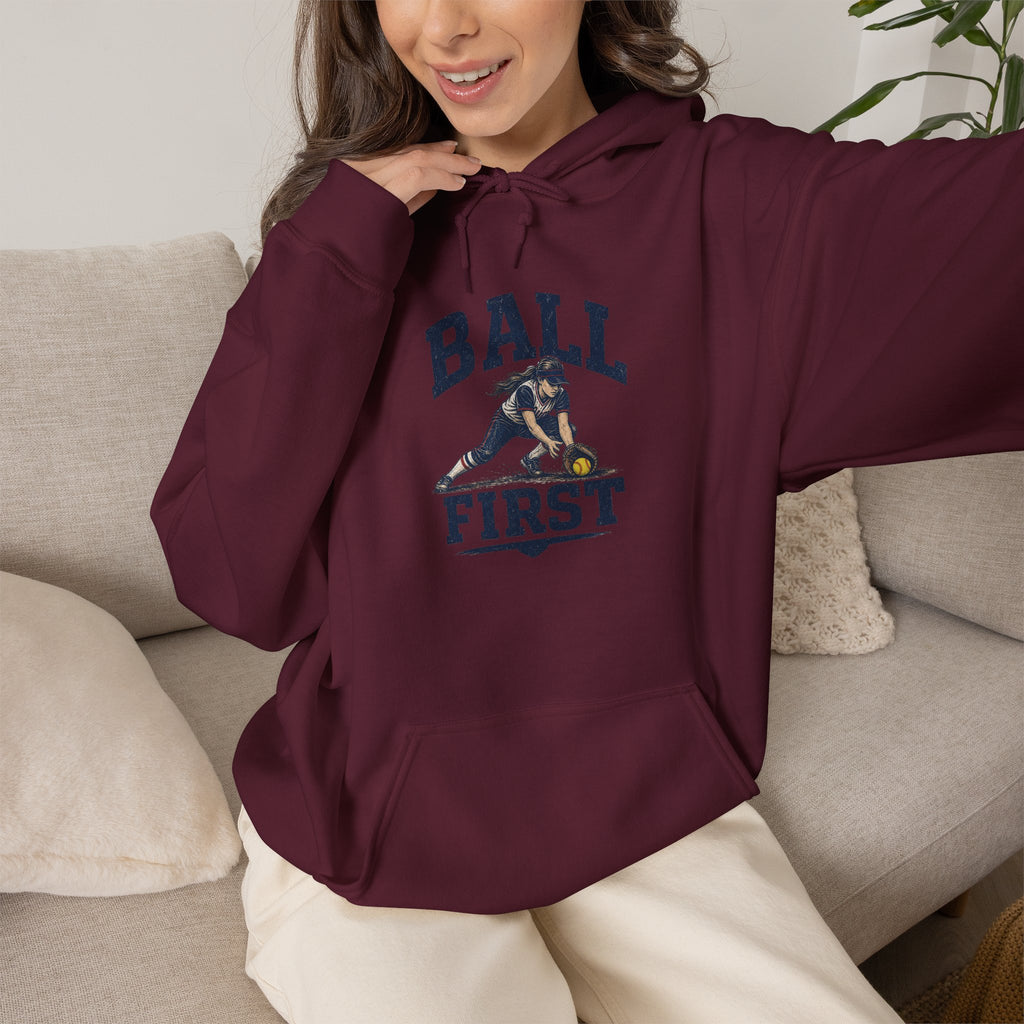 Ball First Hoodie – Vintage Football Player Graphic Sweatshirt